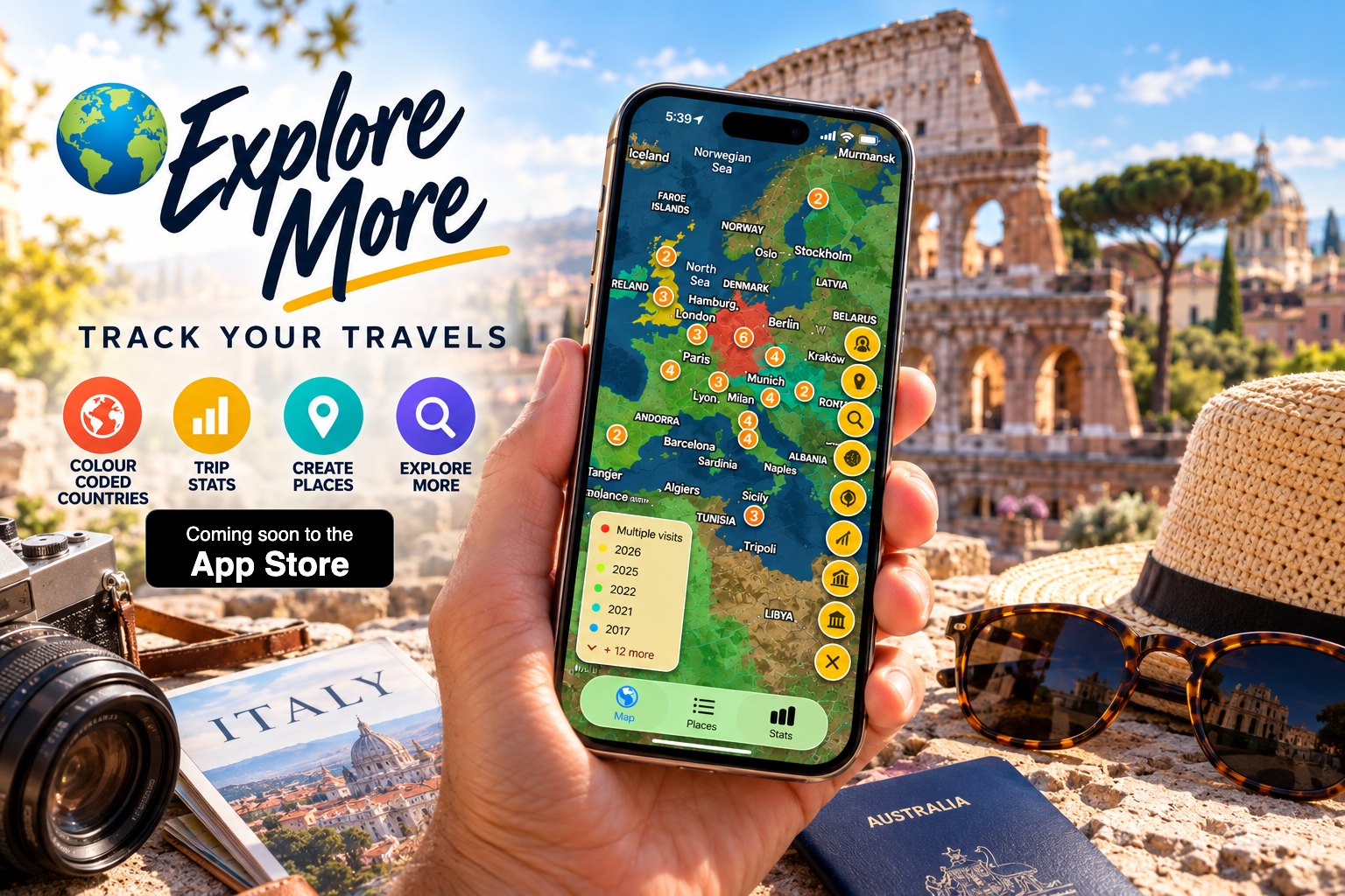 Explore more with My Travel Footprints: colour-coded countries, trip stats, create places. Coming soon to the App Store.